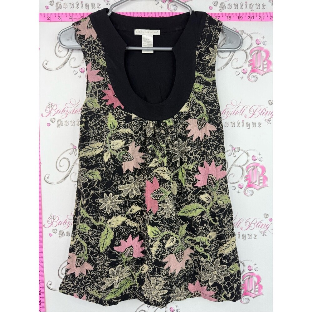 Sarah Spencer tank top y2k Black Floral Tank with Pink and Green Bloom